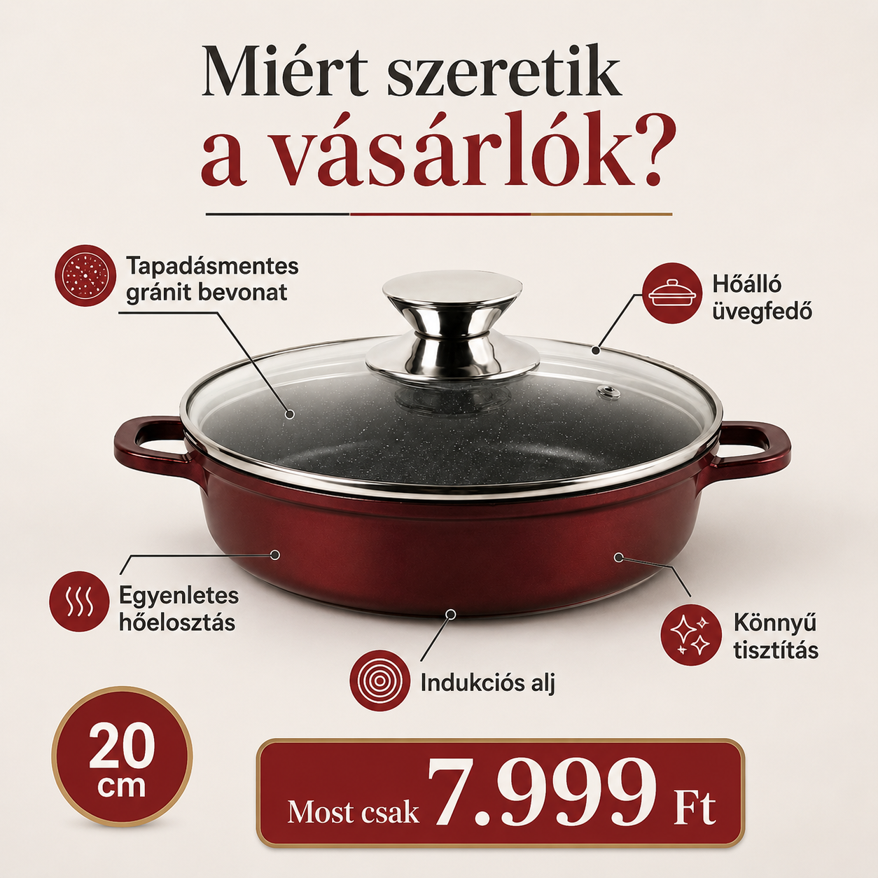 Bachmayer 20 cm Sekély Lábas Fedővel