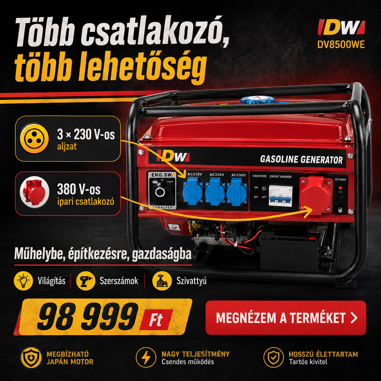 Professzionális Benzines Áramfejlesztő