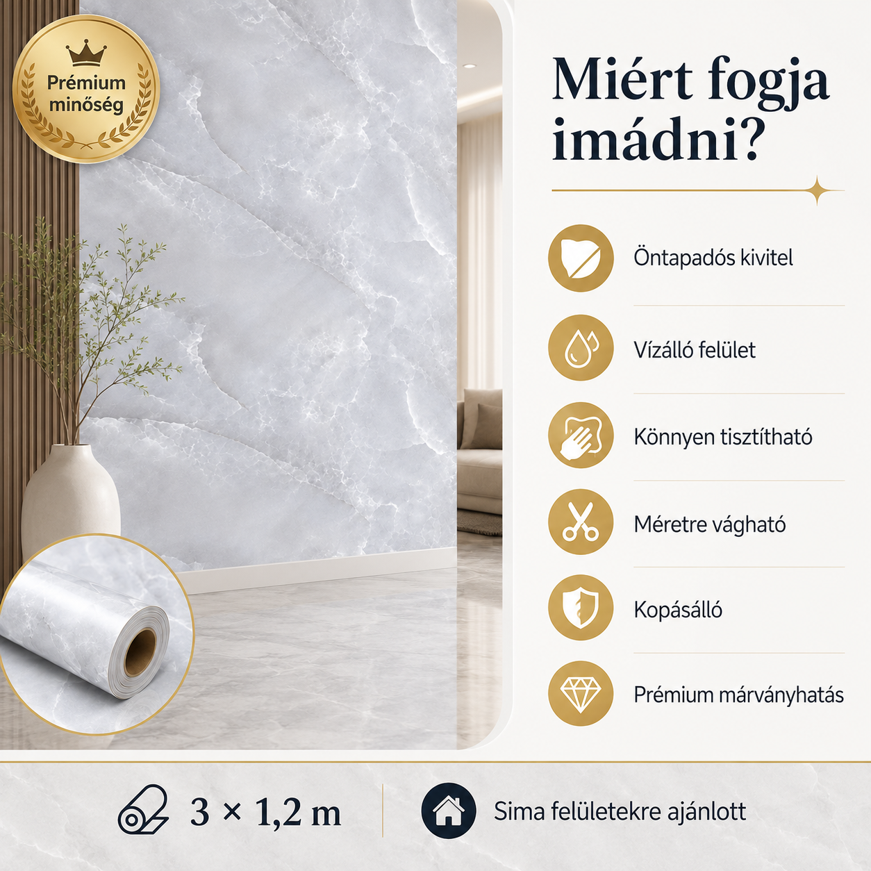 Luxus Jégfehér Márványhatású Öntapadós Falmatrica 3 × 1,2 m