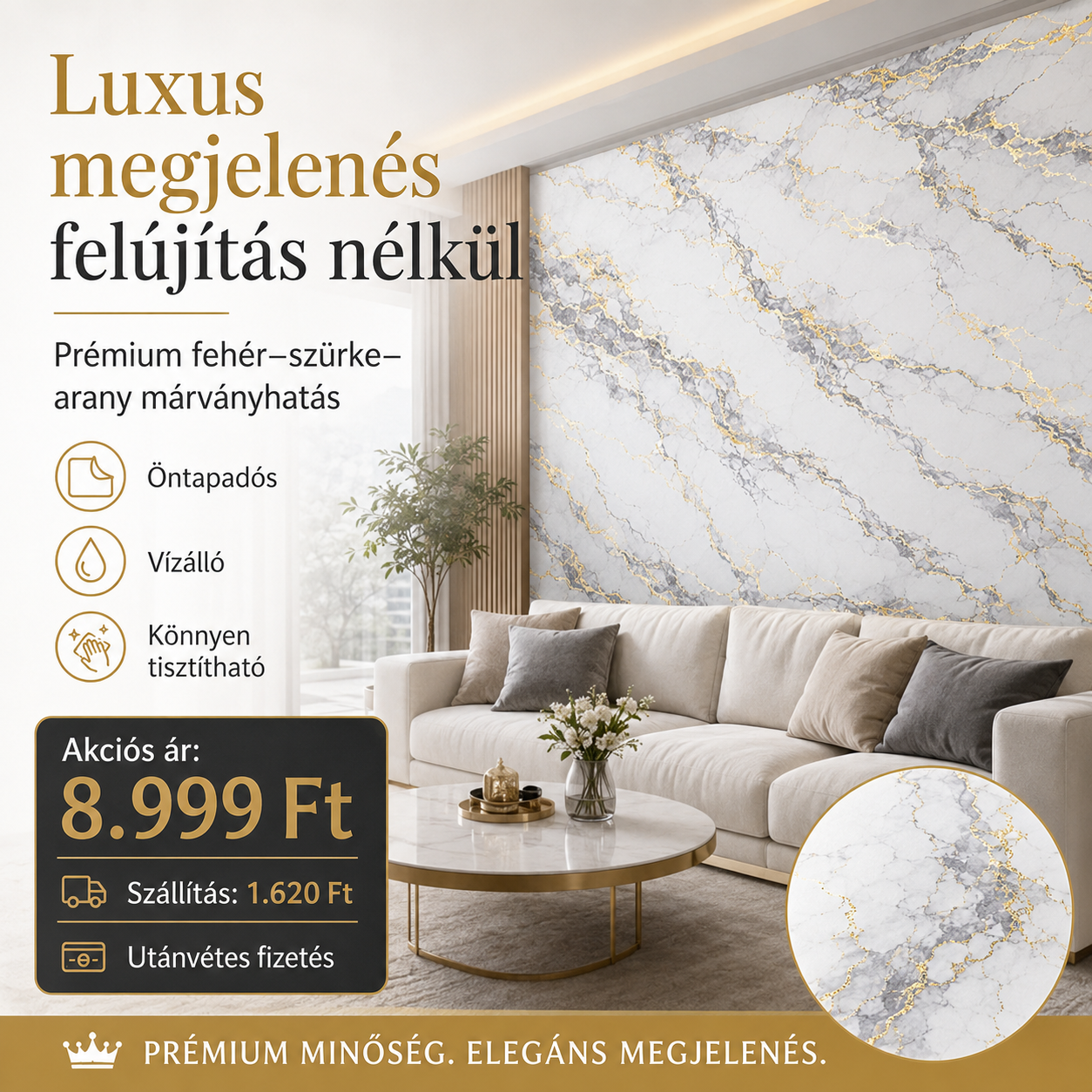 Arany Márványhatású Öntapadós Falmatrica 3 m × 1,2 m