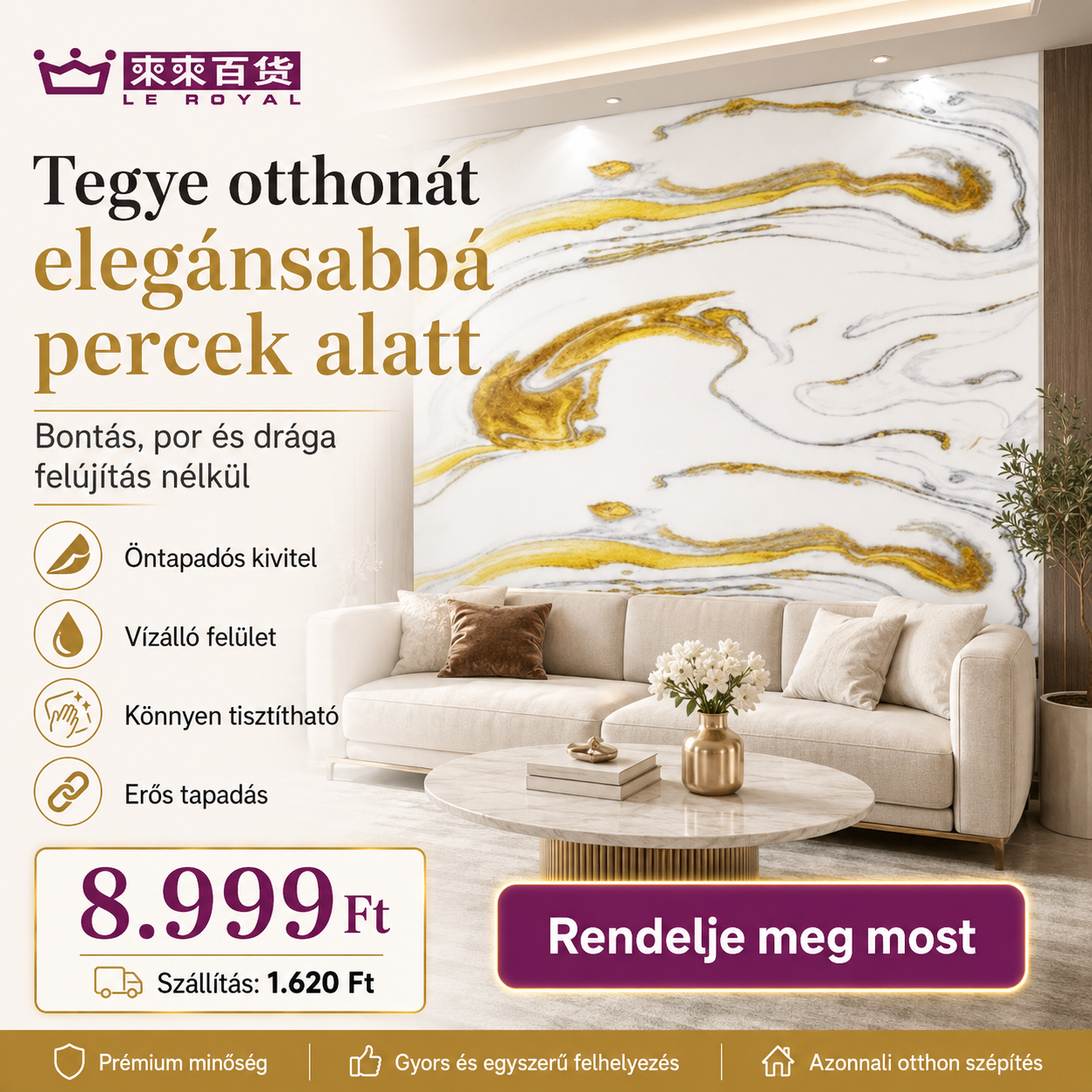 Arany Márványhatású Öntapadós Falmatrica 3 × 1,2 m