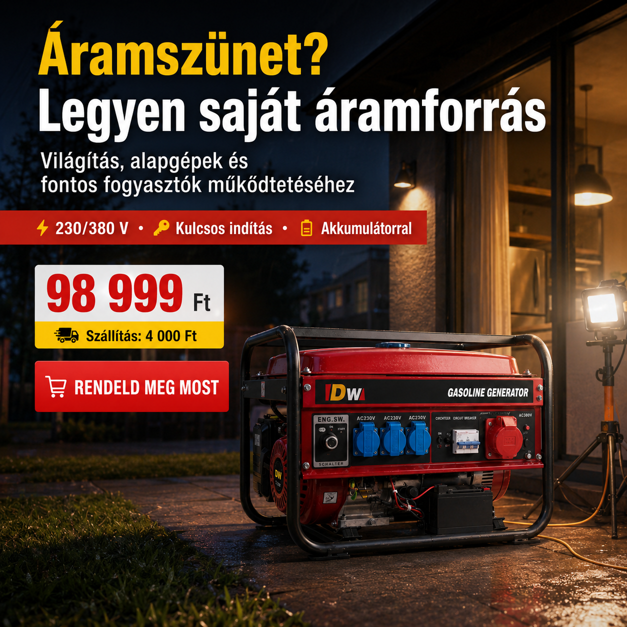 Professzionális Benzines Áramfejlesztő