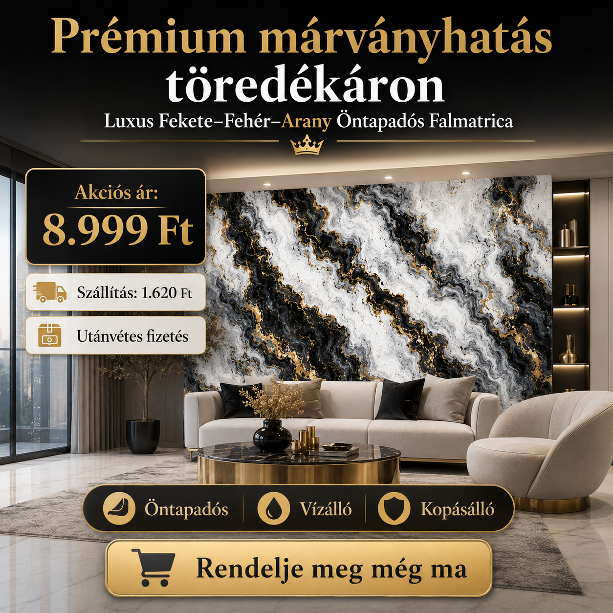 Arany Márványhatású Öntapadós Falmatrica 3 × 1,2 m