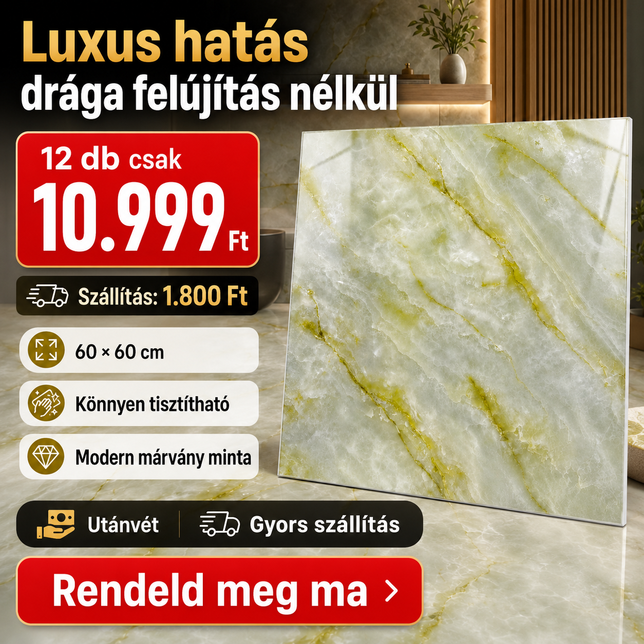 Zöldes-Arany Márvány Mintás PVC Falpanel – 12.Db