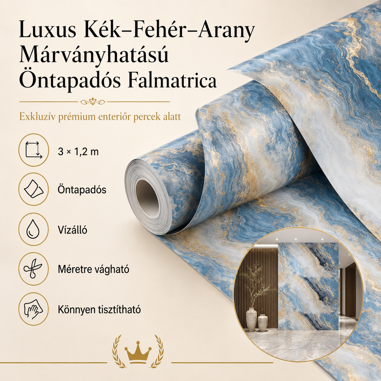 Arany Márványhatású Öntapadós Falmatrica – 3 × 1,2 m