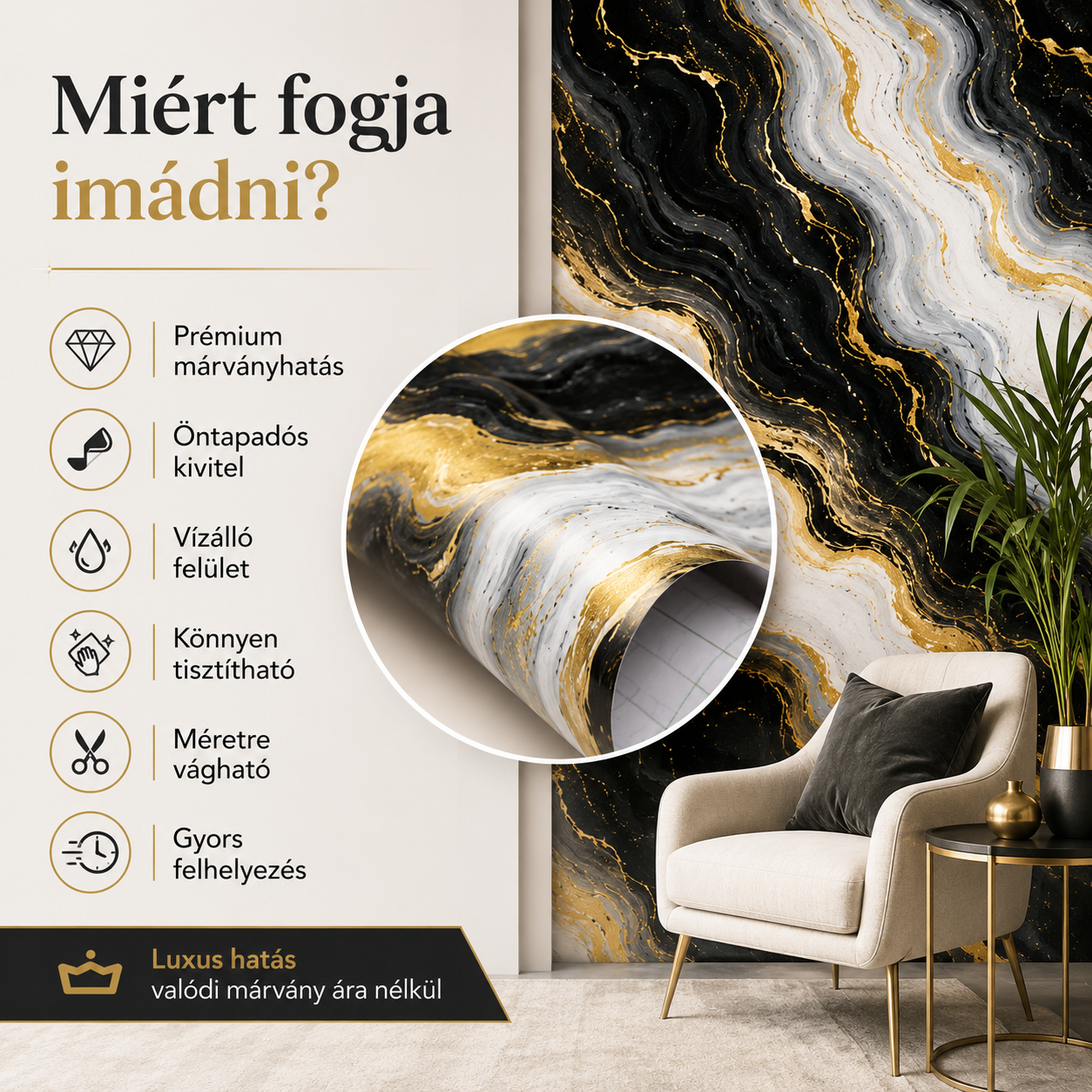 Arany Márványhatású Öntapadós Falmatrica 3 × 1,2 m