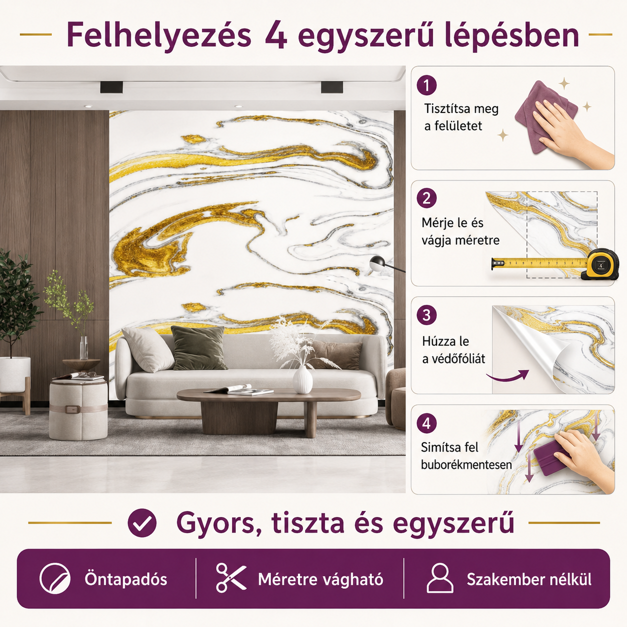 Arany Márványhatású Öntapadós Falmatrica 3 × 1,2 m