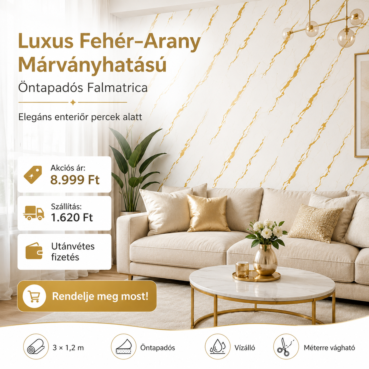 Arany Márványhatású Öntapadós Falmatrica 3 × 1,2 m
