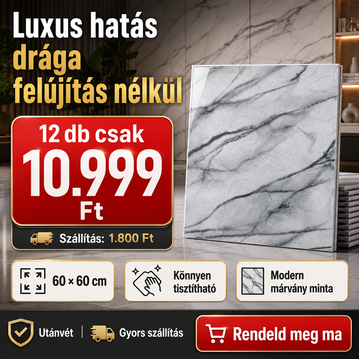 PVC Márvány Mintás Falpanel – 12 Darabos Csomag