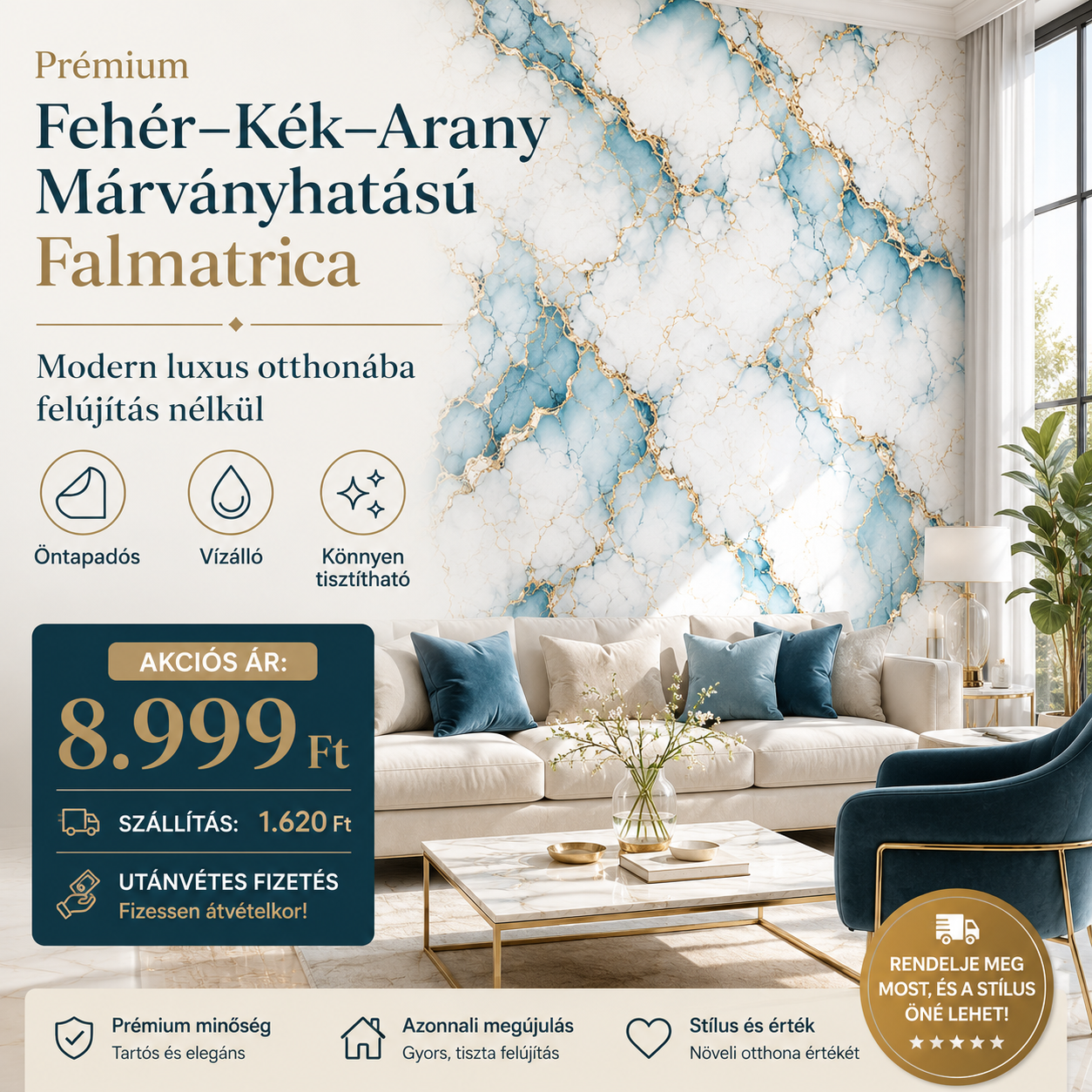 Arany Márványhatású Öntapadós Falmatrica 3 m × 1,2 m