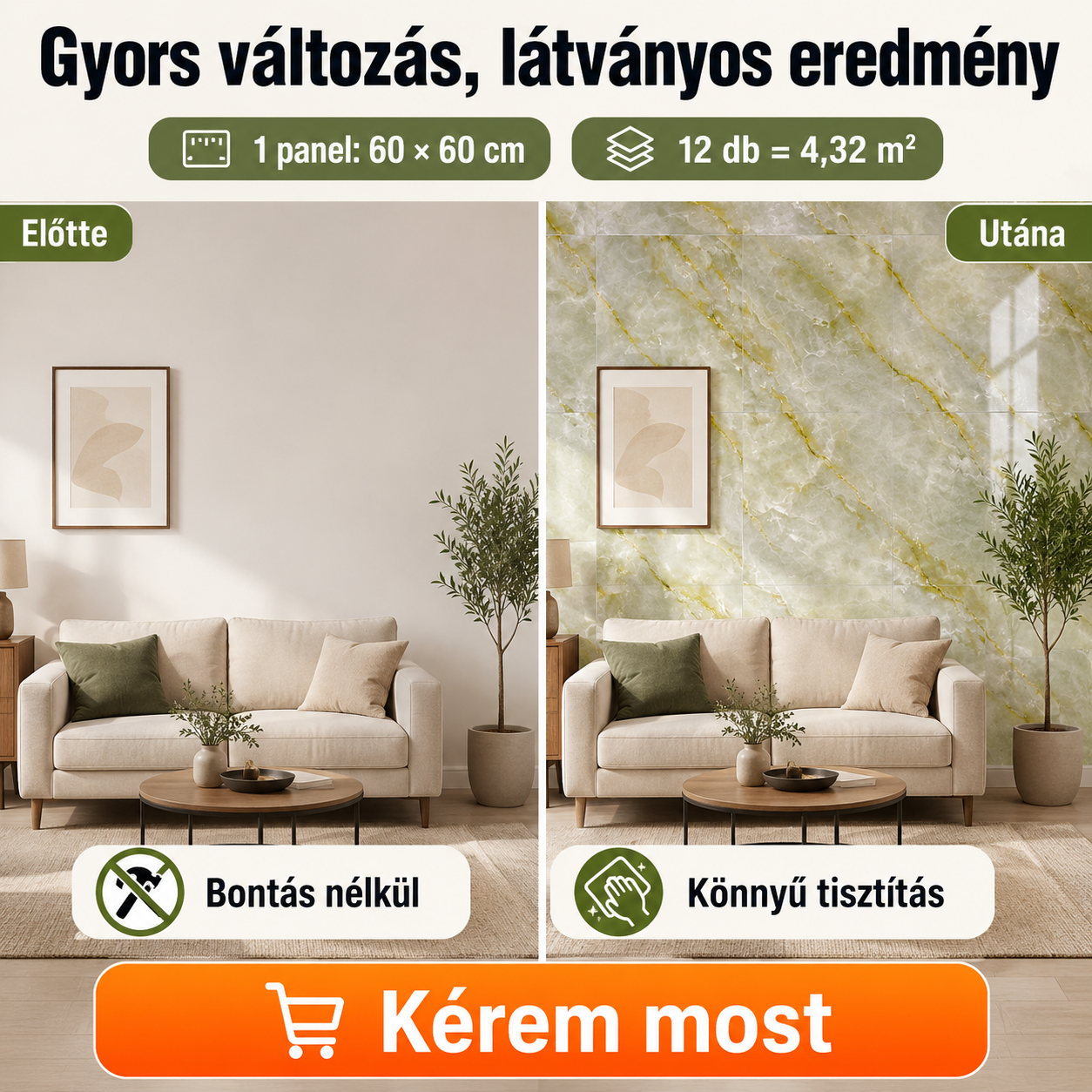 Zöldes-Arany Márvány Mintás PVC Falpanel – 12.Db
