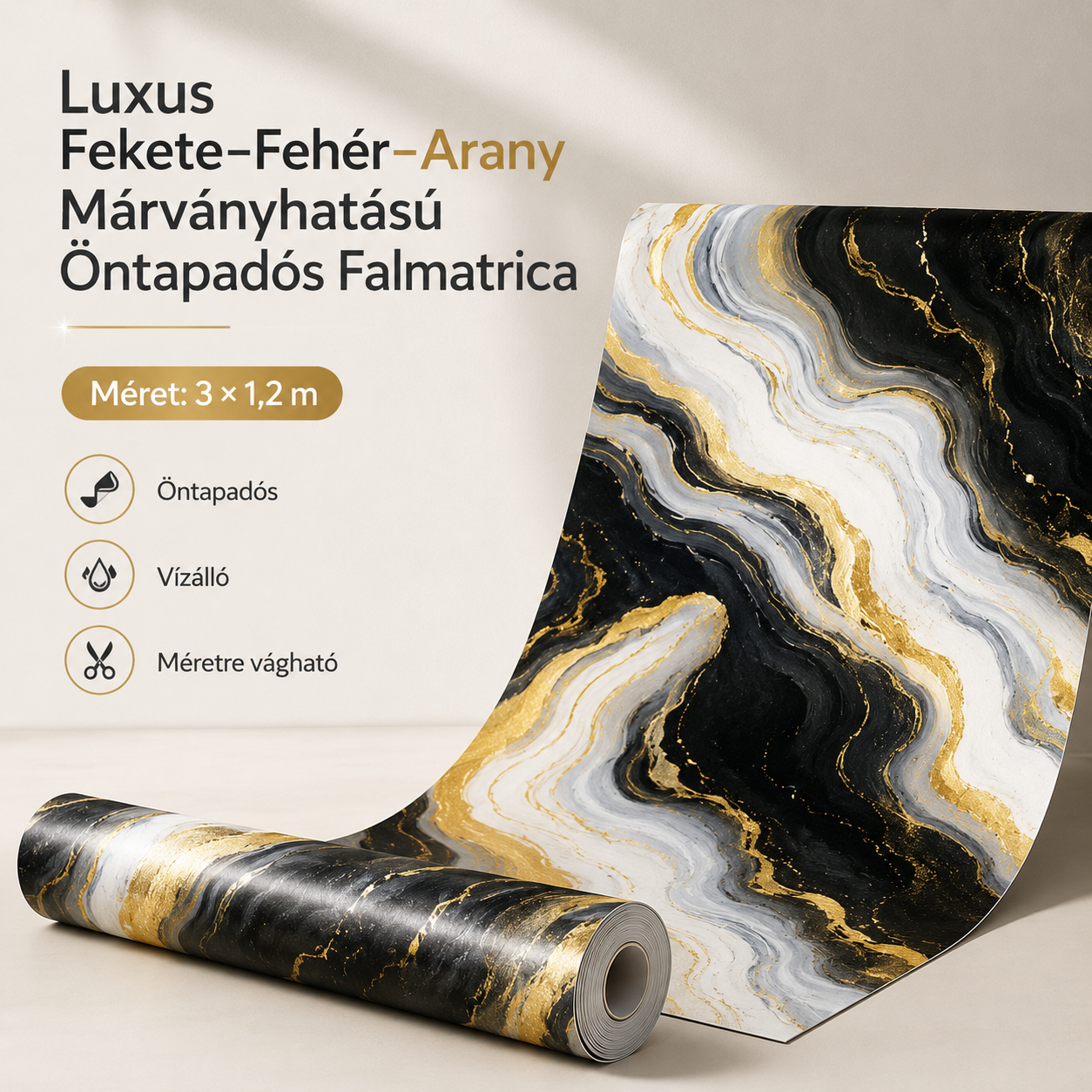 Arany Márványhatású Öntapadós Falmatrica 3 × 1,2 m