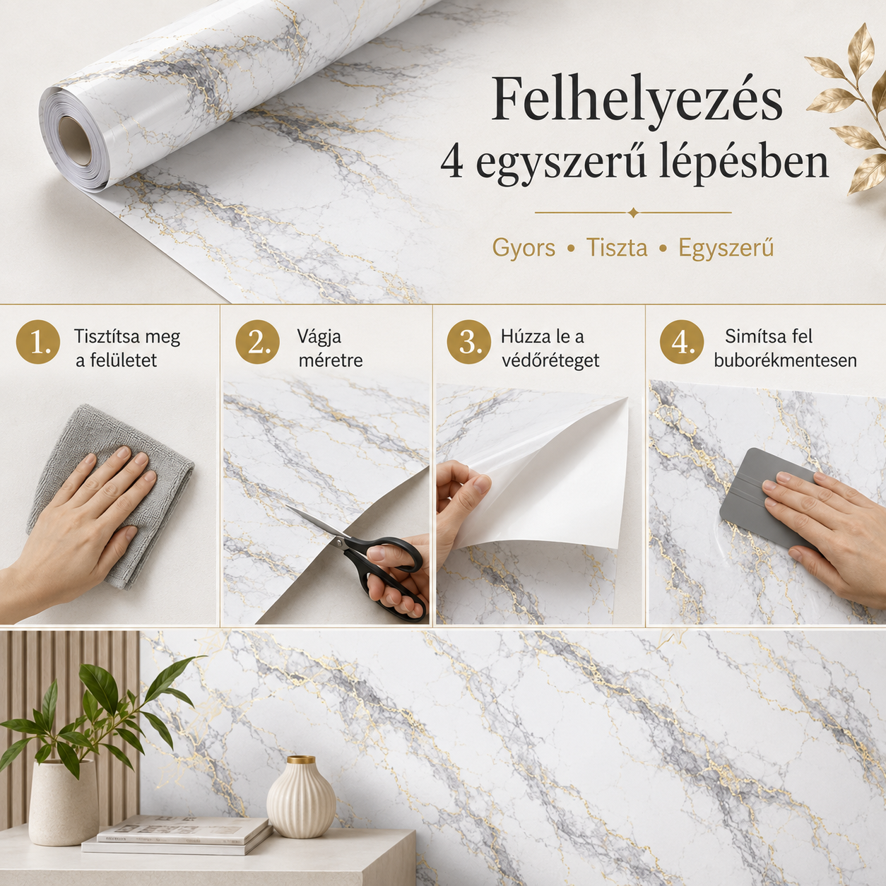 Arany Márványhatású Öntapadós Falmatrica 3 m × 1,2 m