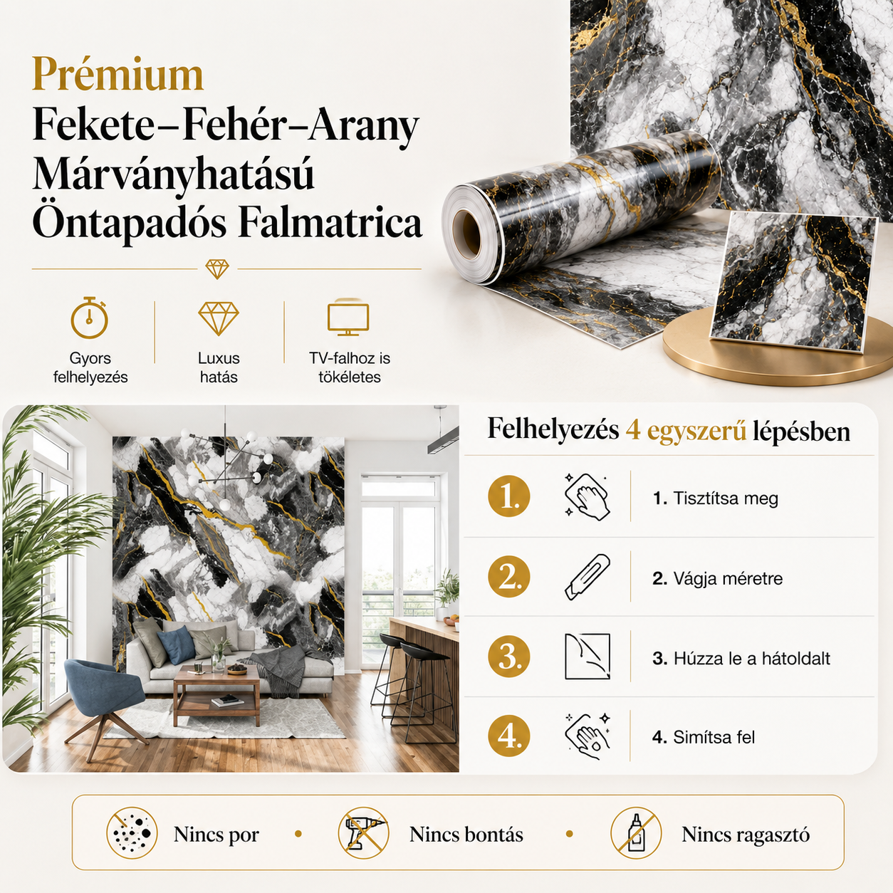 Arany Márványhatású Öntapadós Falmatrica