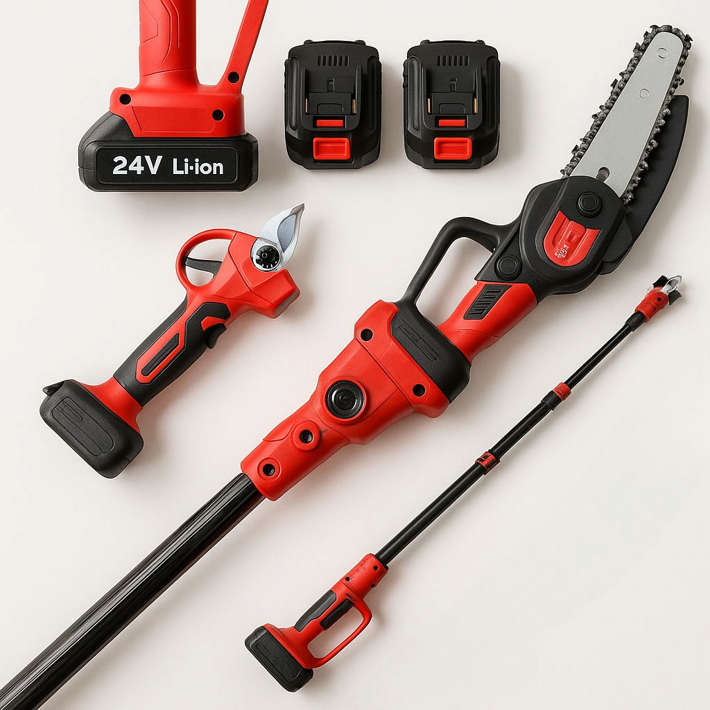 Akku Változófejű Sövényvágó és Láncfűrész, Teleszkópos Hosszabbító Rúddal