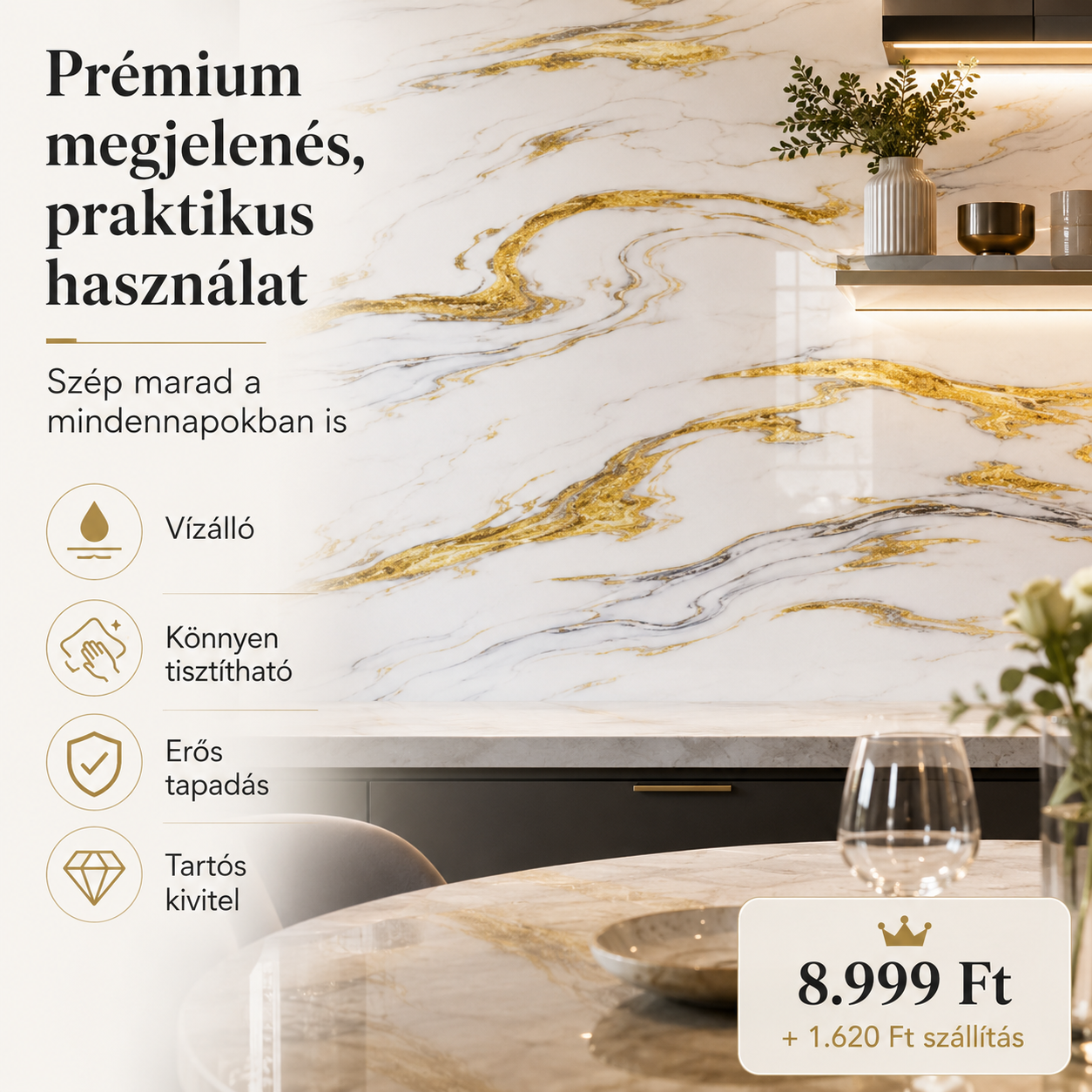 Arany Márványhatású Öntapadós Falmatrica 3 × 1,2 m