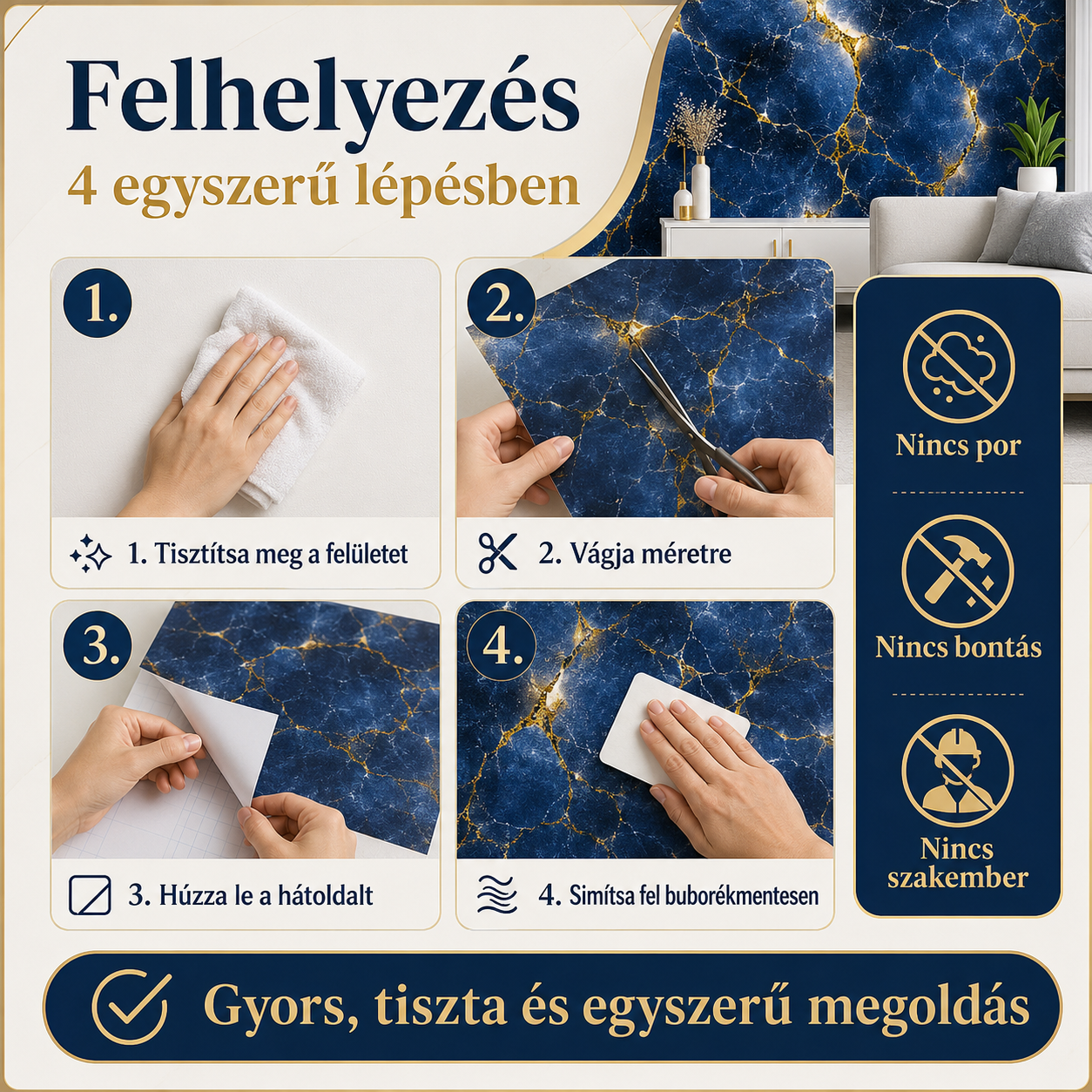 Arany Márványhatású Öntapadós Falmatrica 3 m × 1,2 m