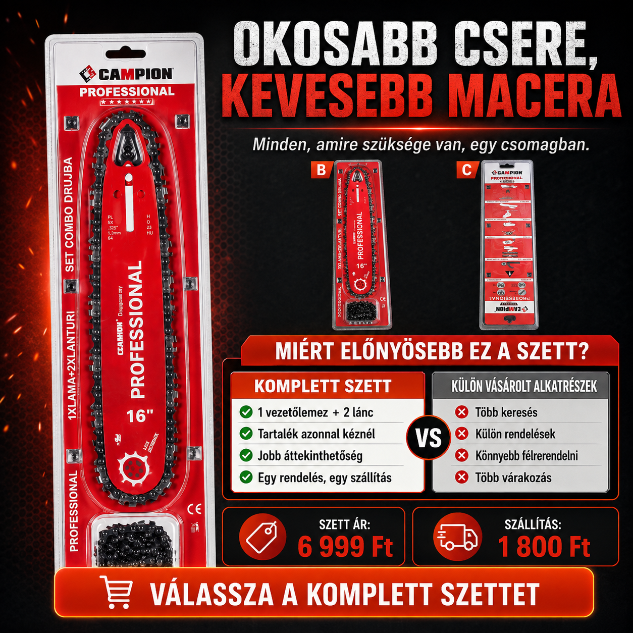 CAMPION Professional 16” Láncvezető + 2 Fűrészlánc Szett