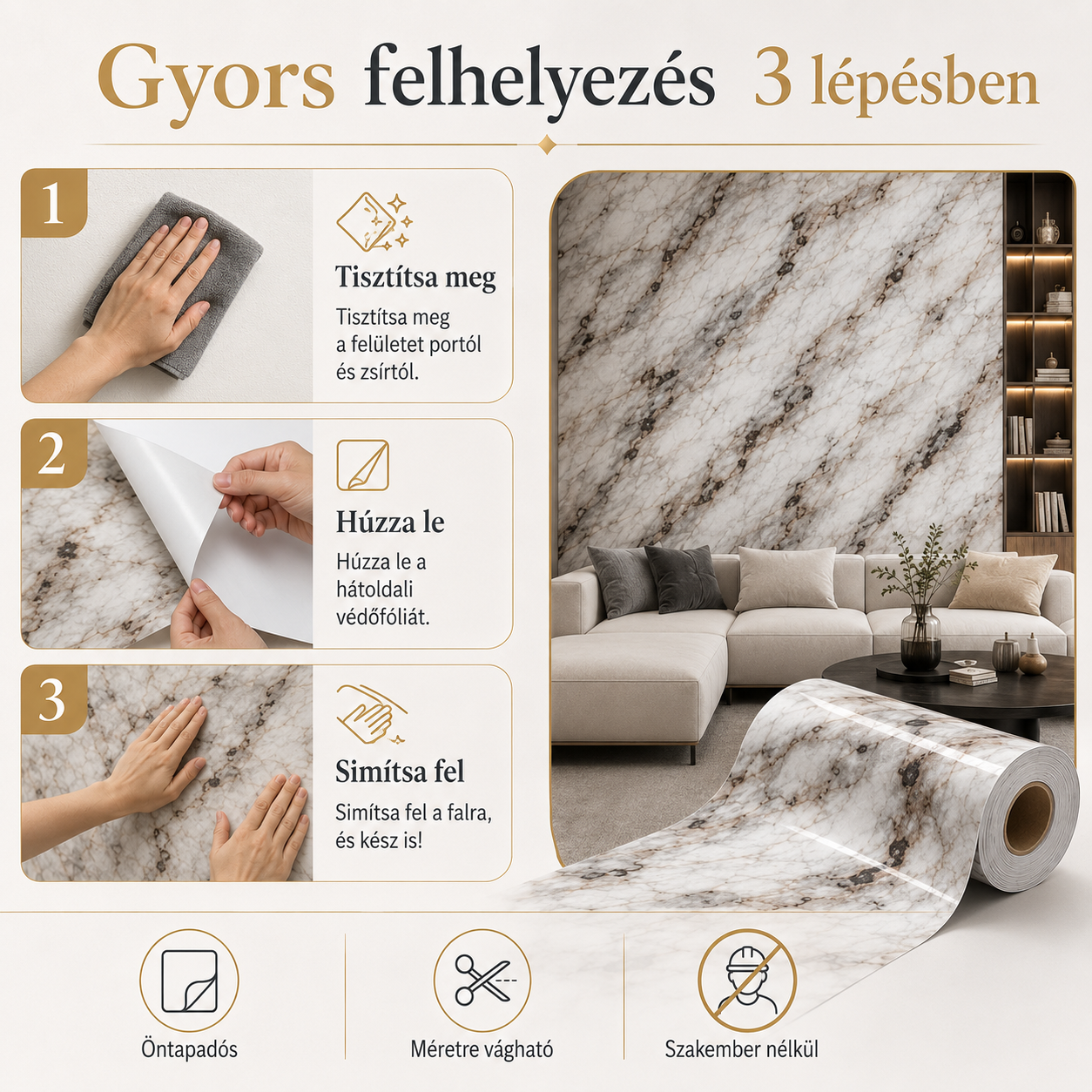 Szürke Márványhatású Öntapadós Falmatrica 3 × 1,2 m
