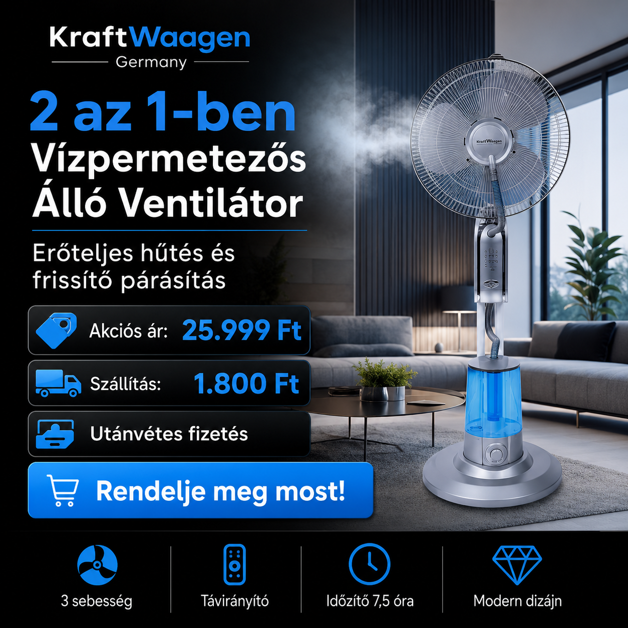 KraftWaagen 2 az 1-ben Vízpermetezős Álló Ventilátor