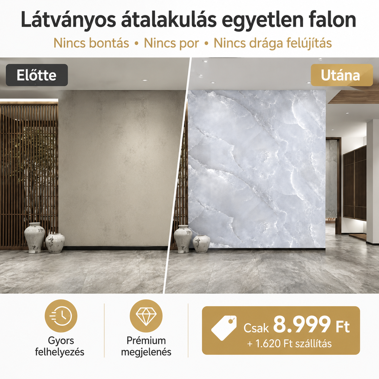 Luxus Jégfehér Márványhatású Öntapadós Falmatrica 3 × 1,2 m