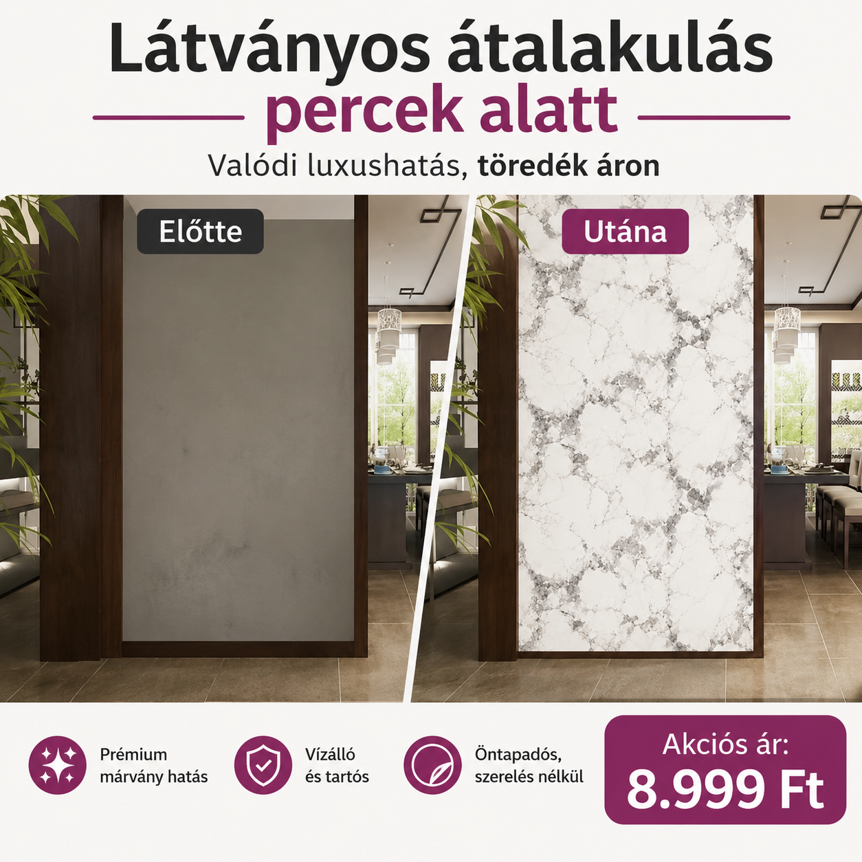 Szürke Márványhatású Öntapadós Falmatrica 3 × 1,2 m