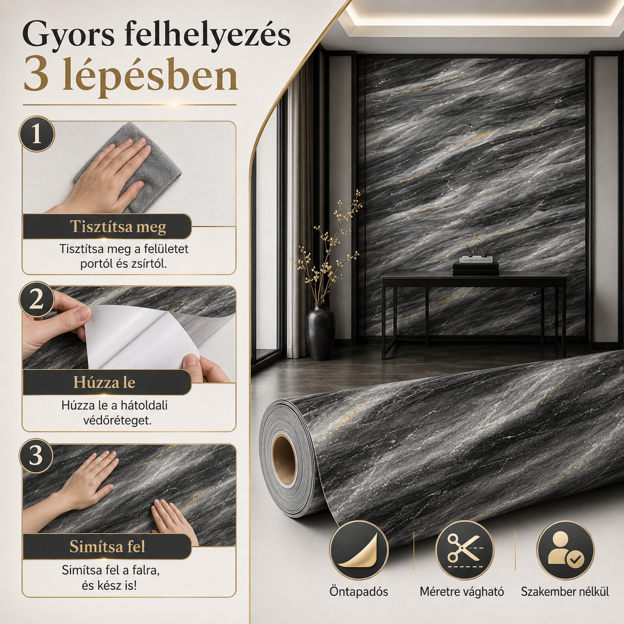 Szürke Márványhatású Öntapadós Falmatrica 3 × 1,2 m