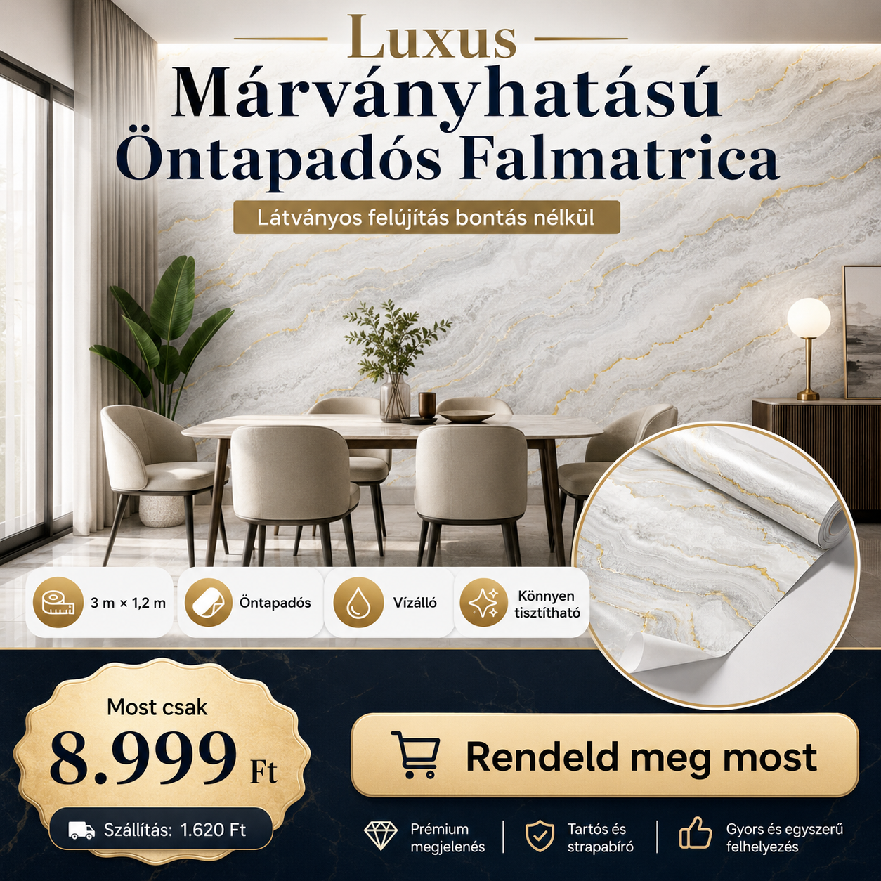 Márványhatású Öntapadós Falmatrica 3 m × 1,2 m