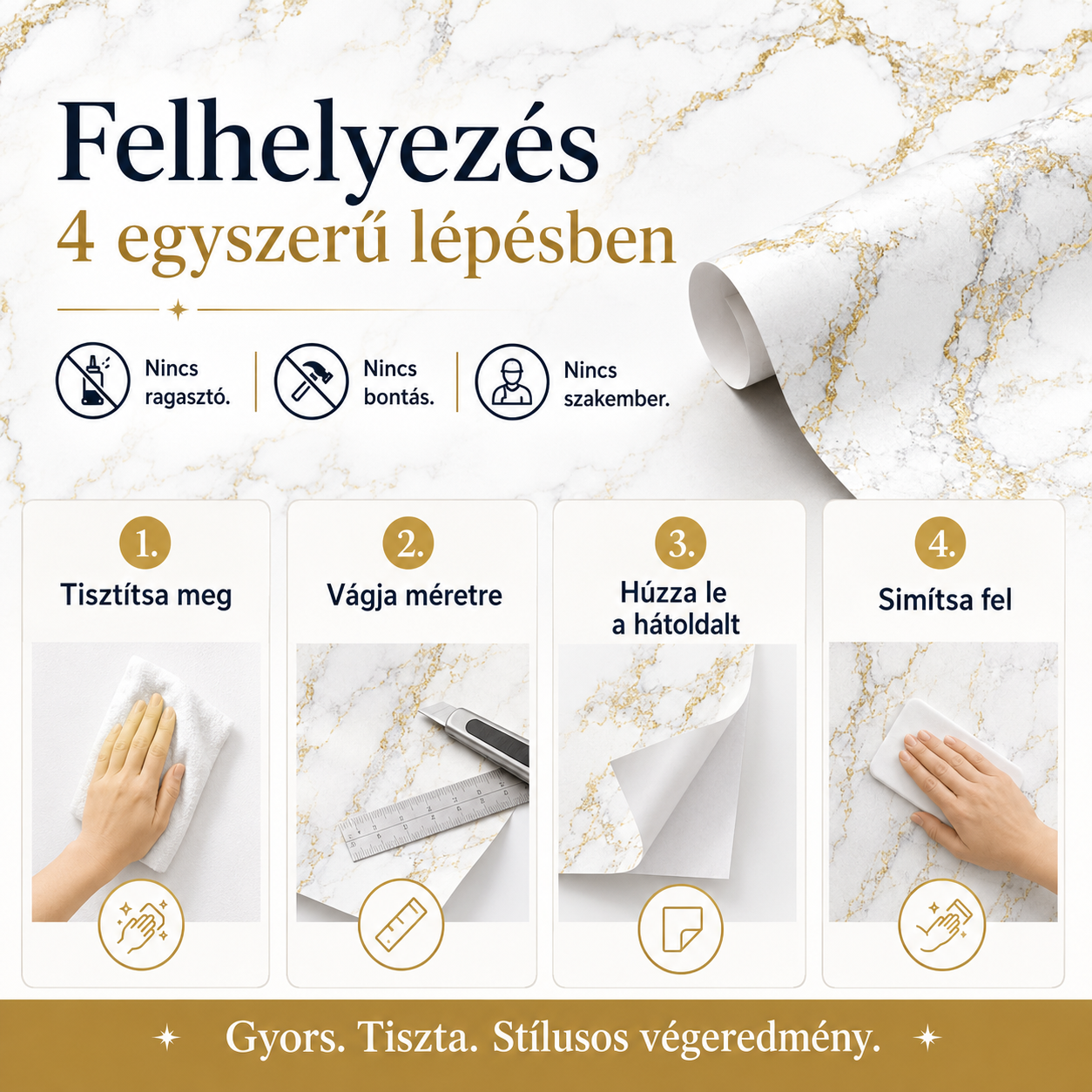 Arany Márványhatású Öntapadós Falmatrica 3 m × 1,2 m