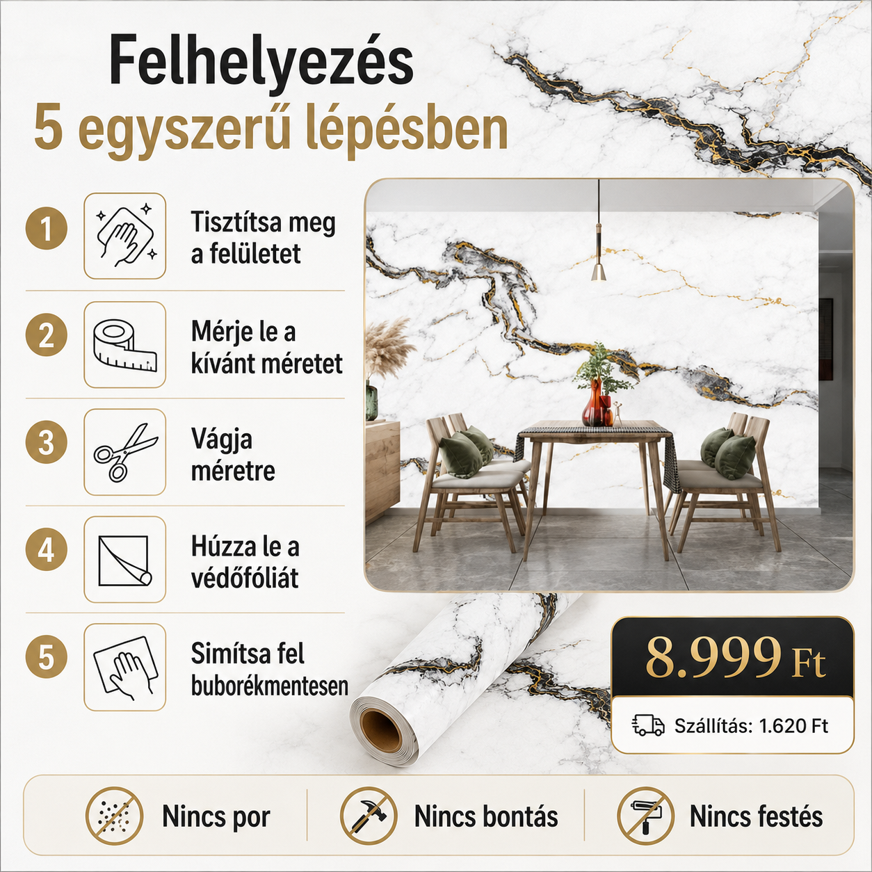 Arany Márványhatású Öntapadós Falmatrica 3 × 1,2 m
