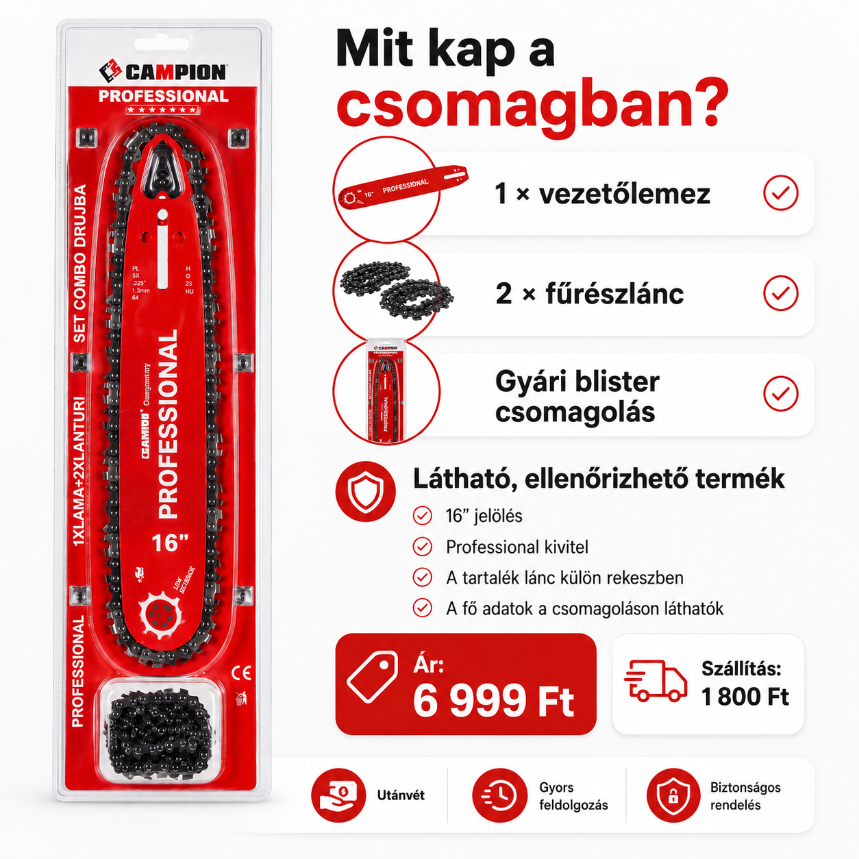 CAMPION Professional 16” Láncvezető + 2 Fűrészlánc Szett