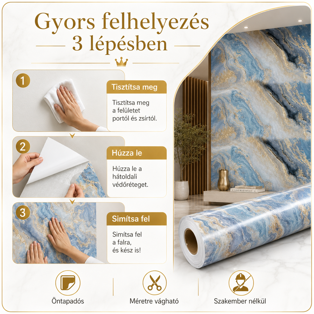 Arany Márványhatású Öntapadós Falmatrica – 3 × 1,2 m
