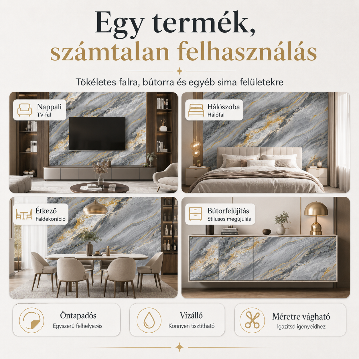 Arany Márványhatású Öntapadós Falmatrica 3 m × 1,2 m