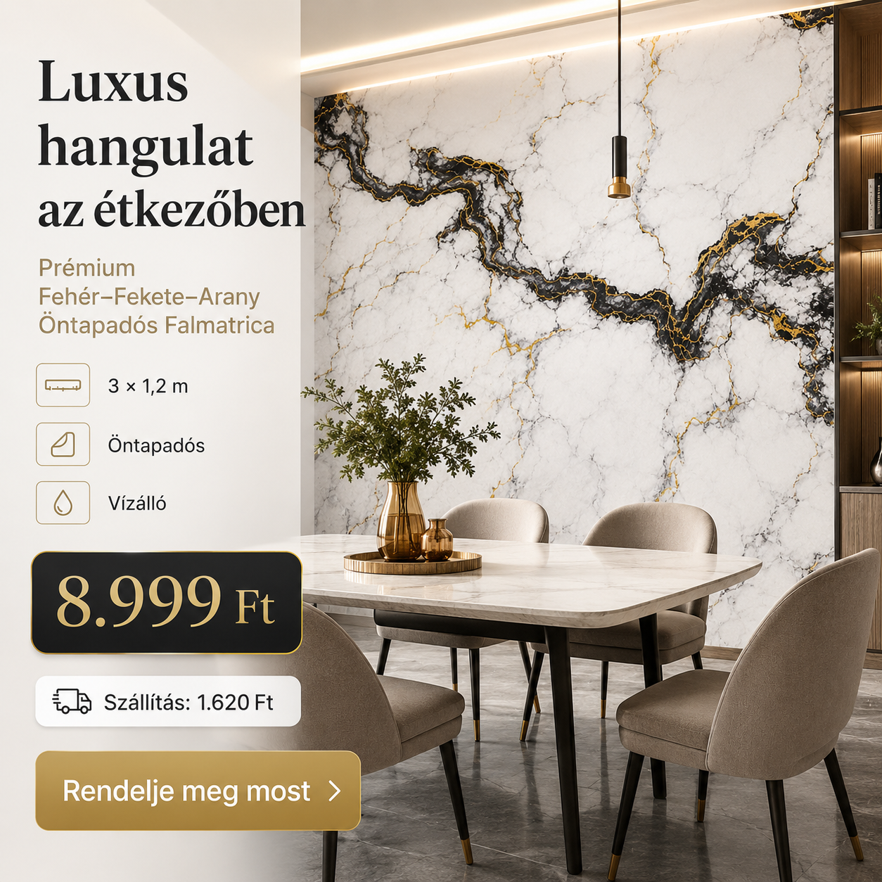 Arany Márványhatású Öntapadós Falmatrica 3 × 1,2 m