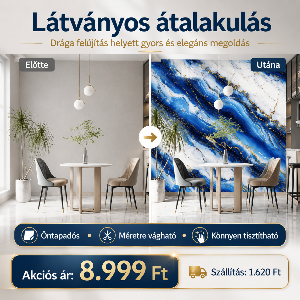 Arany Kék Márványhatású Öntapadós Falmatrica