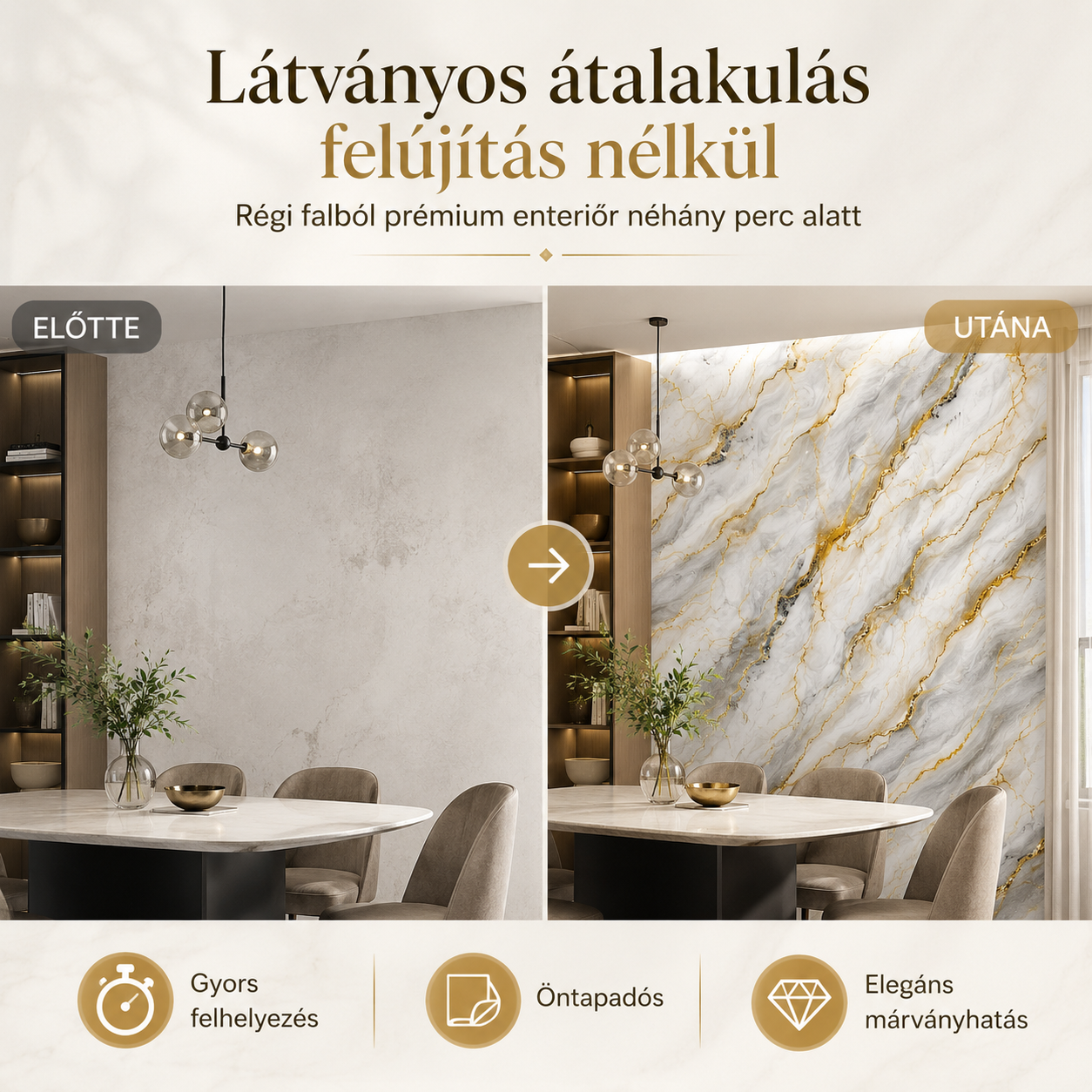 Arany Márványhatású Öntapadós Falmatrica 3 m × 1,2 m