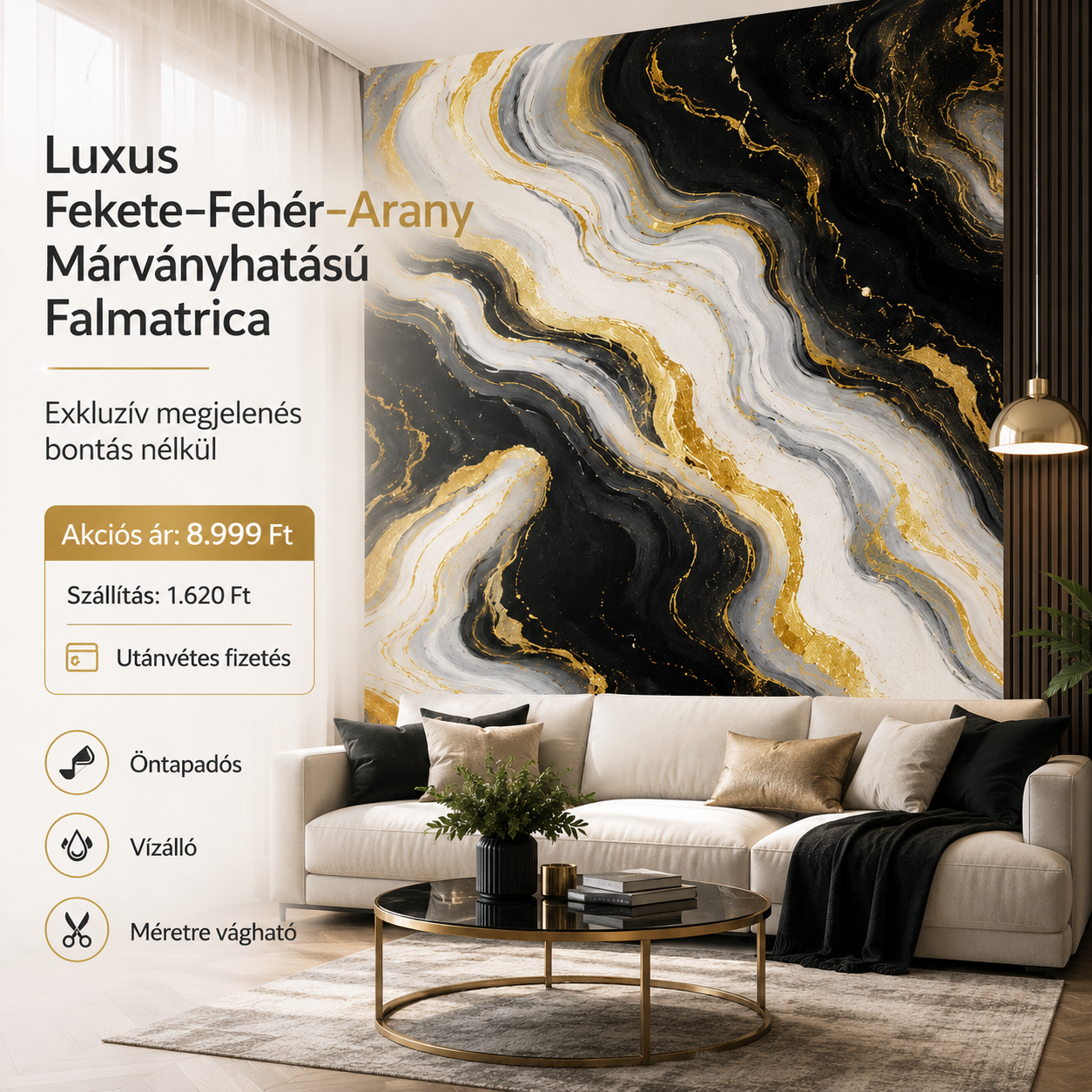 Arany Márványhatású Öntapadós Falmatrica 3 × 1,2 m