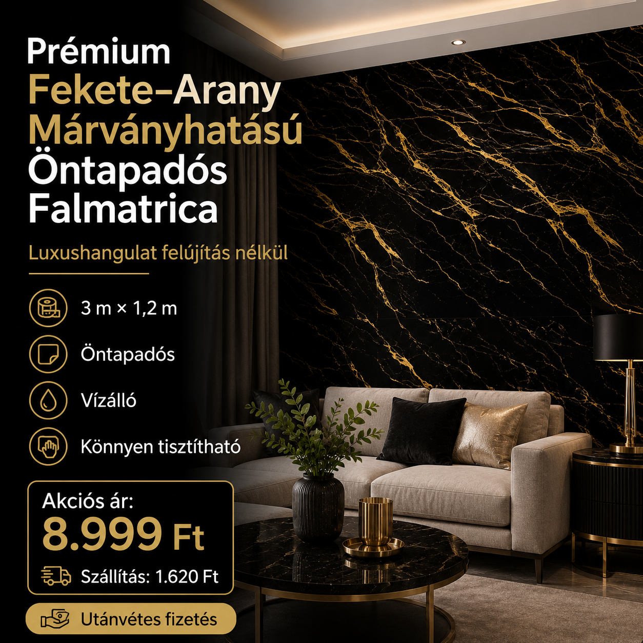 Arany Márványhatású Öntapadós Falmatrica 3 m × 1,2 m