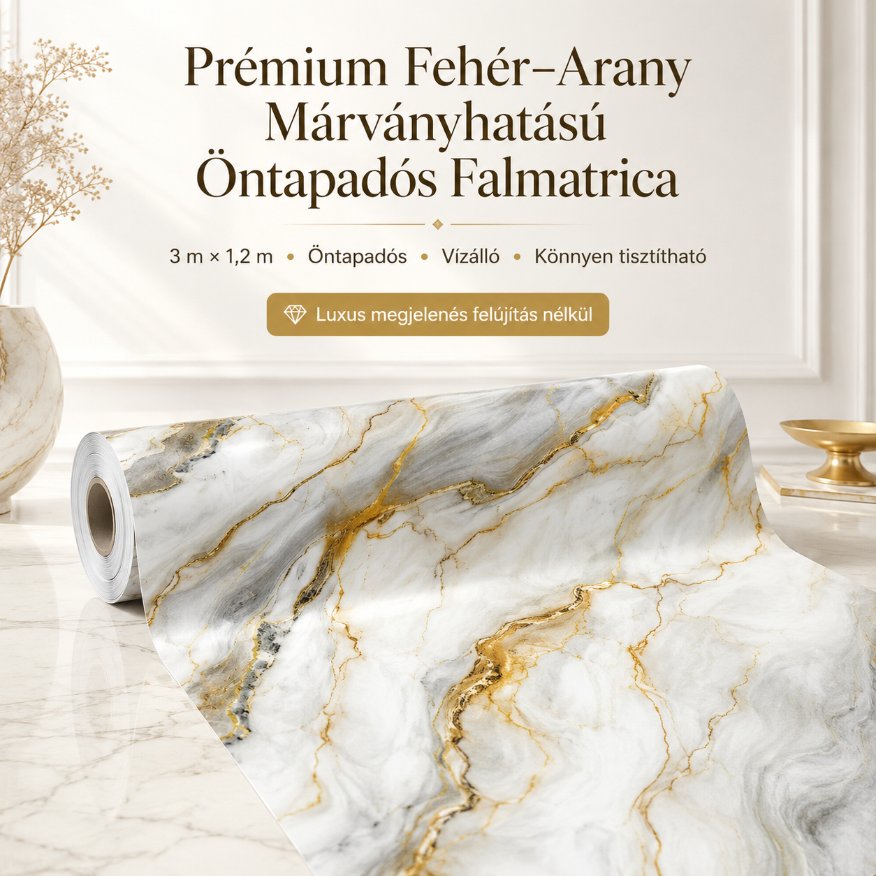 Arany Márványhatású Öntapadós Falmatrica 3 m × 1,2 m