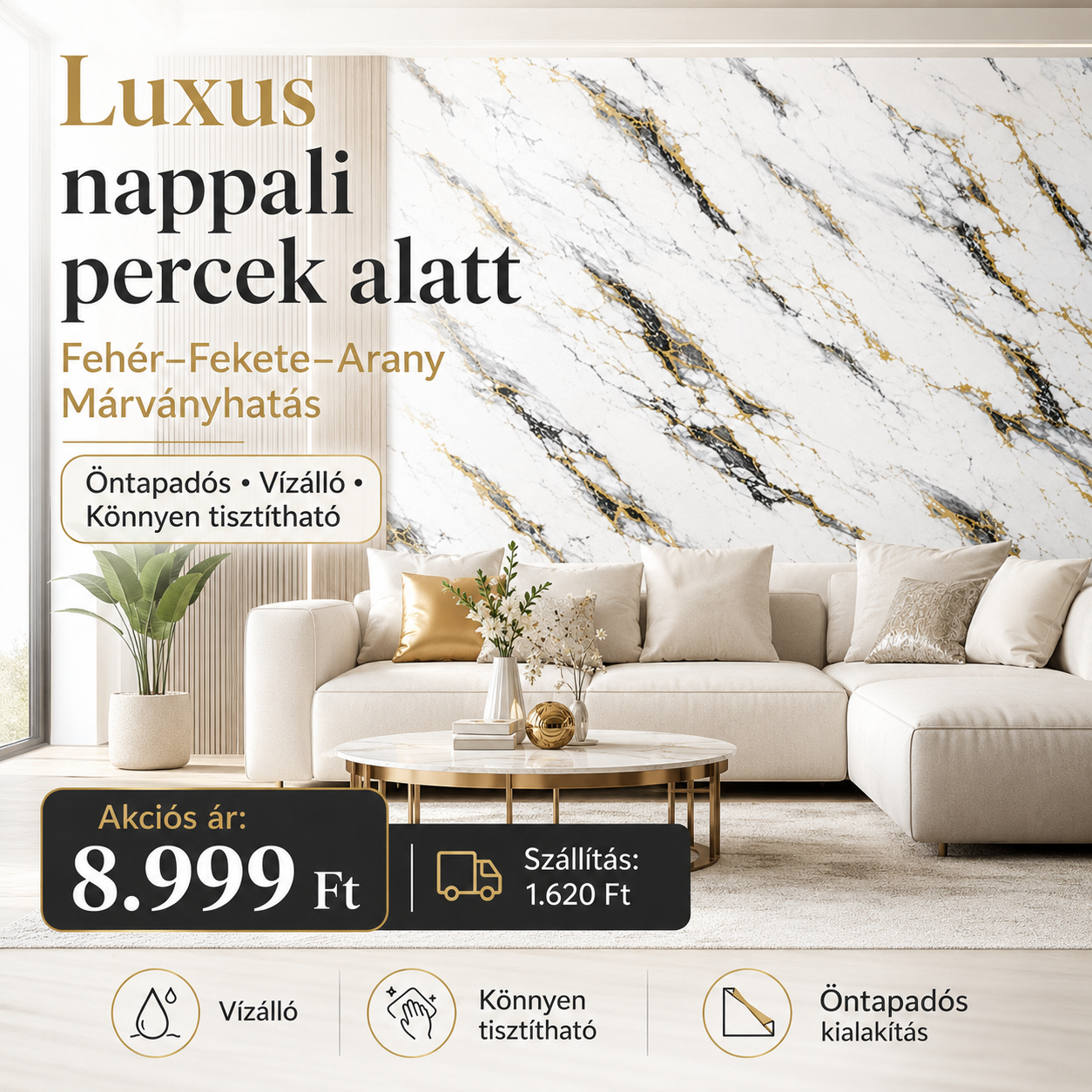Arany Márványhatású Öntapadós Falmatrica 3 × 1,2 m