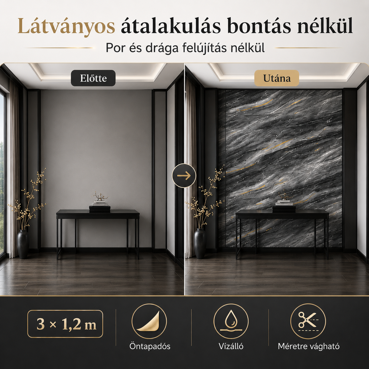 Szürke Márványhatású Öntapadós Falmatrica 3 × 1,2 m