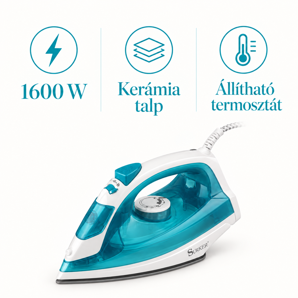1600 W, kerámia talp és állítható termosztát