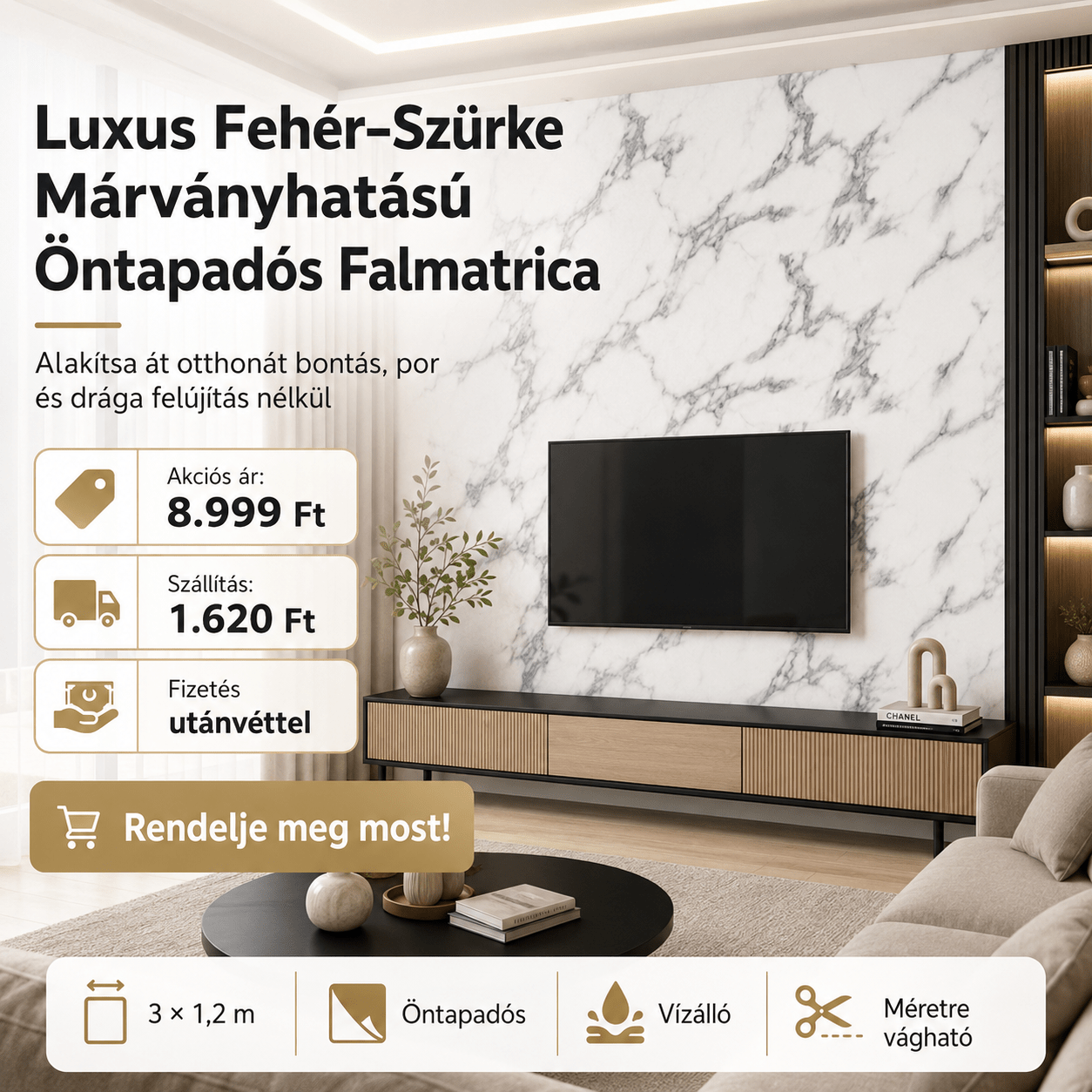 Szürke Márványhatású Öntapadós Falmatrica – 3 × 1,2 m - | Cyber Bazaar