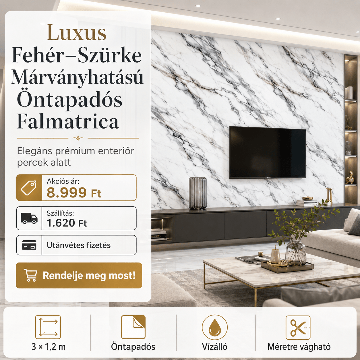 Szürke Márványhatású Öntapadós Falmatrica 3 × 1,2 m - | Cyber Bazaar
