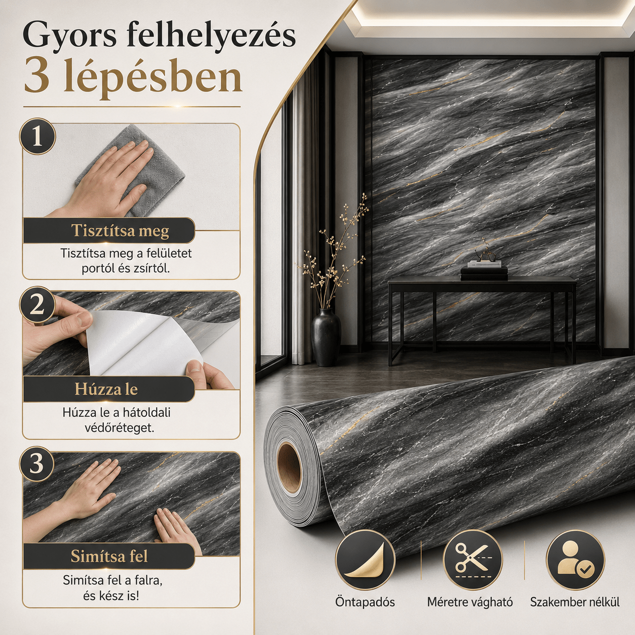 Szürke Márványhatású Öntapadós Falmatrica 3 × 1,2 m - | Cyber Bazaar