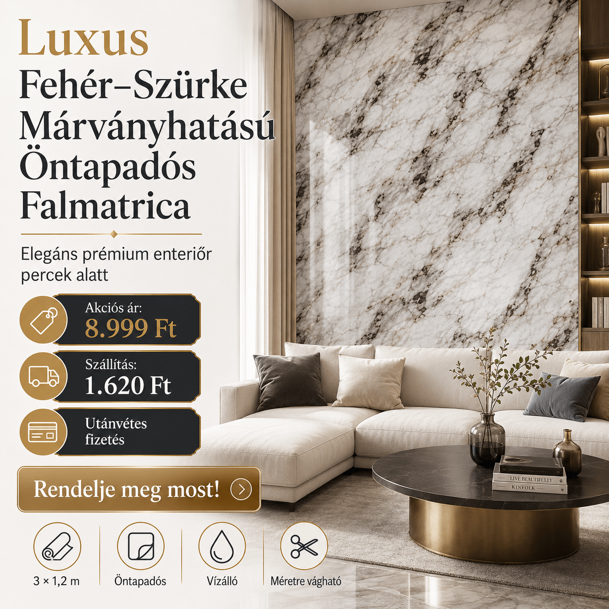 Szürke Márványhatású Öntapadós Falmatrica 3 × 1,2 m - | Cyber Bazaar