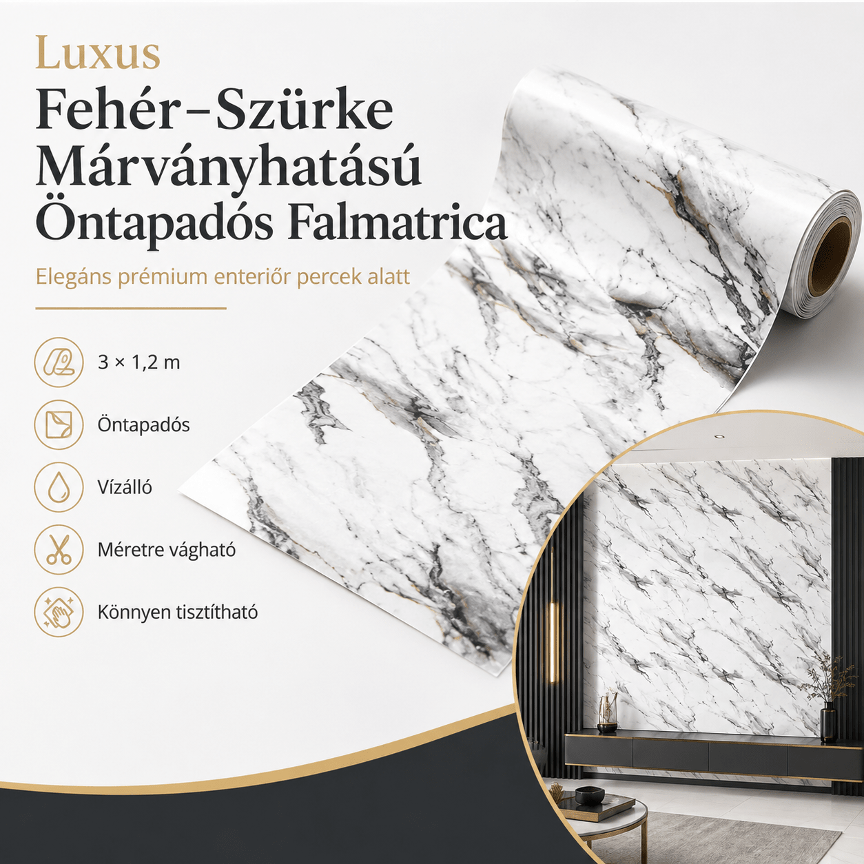 Szürke Márványhatású Öntapadós Falmatrica 3 × 1,2 m - | Cyber Bazaar