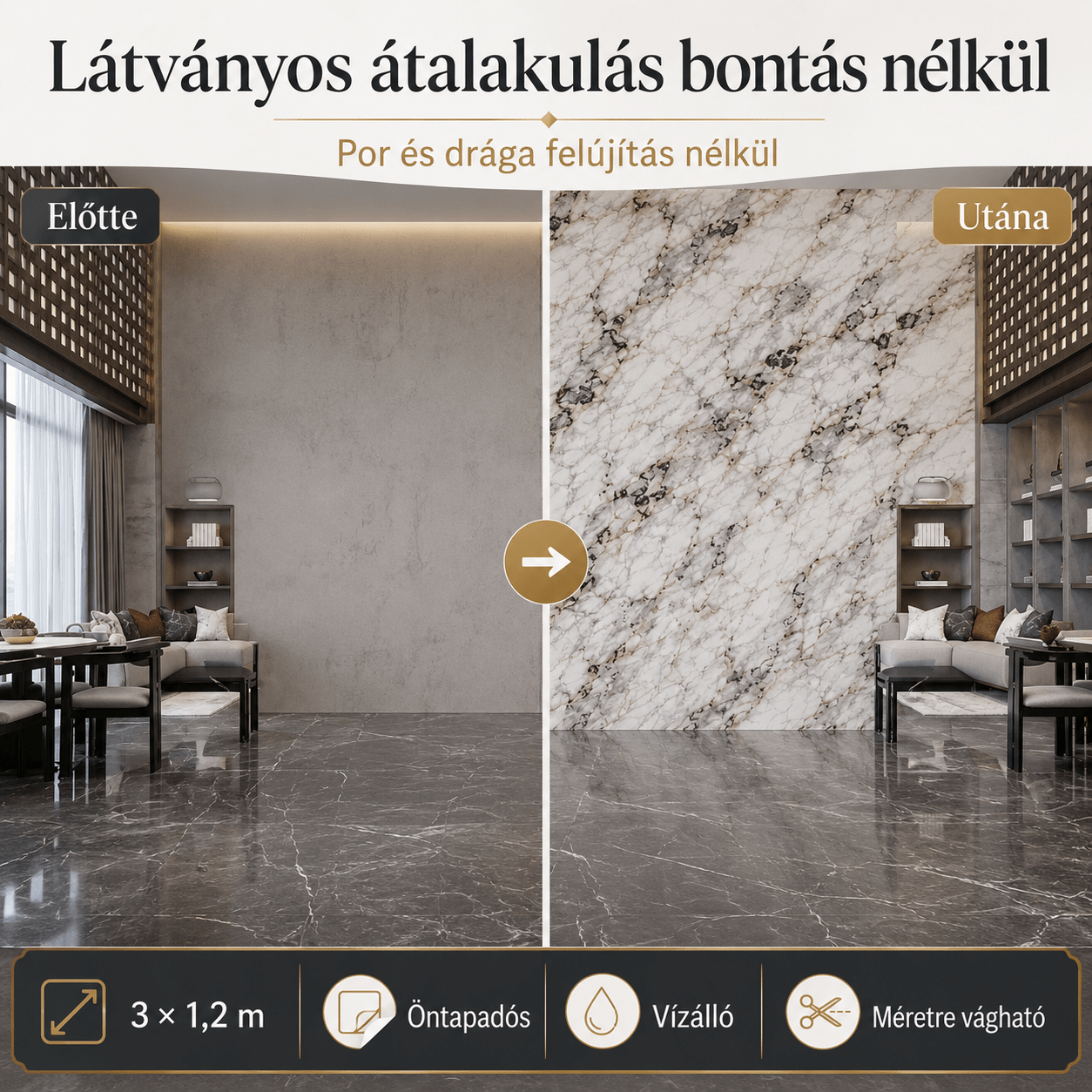Szürke Márványhatású Öntapadós Falmatrica 3 × 1,2 m - | Cyber Bazaar