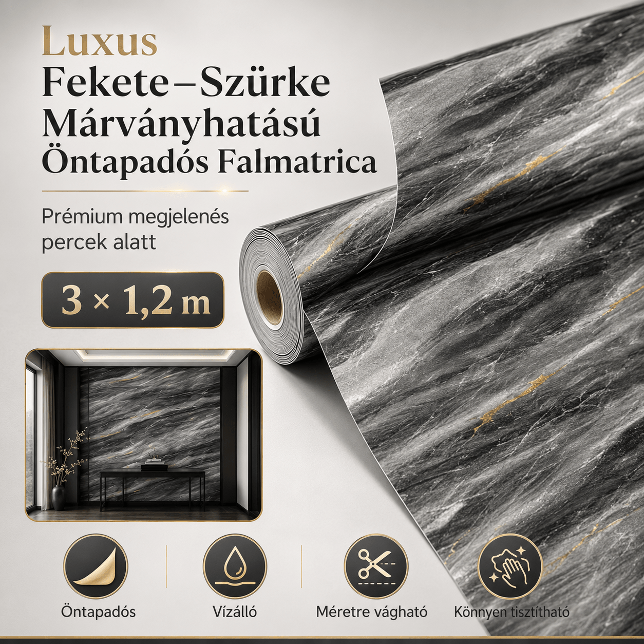 Szürke Márványhatású Öntapadós Falmatrica 3 × 1,2 m - | Cyber Bazaar