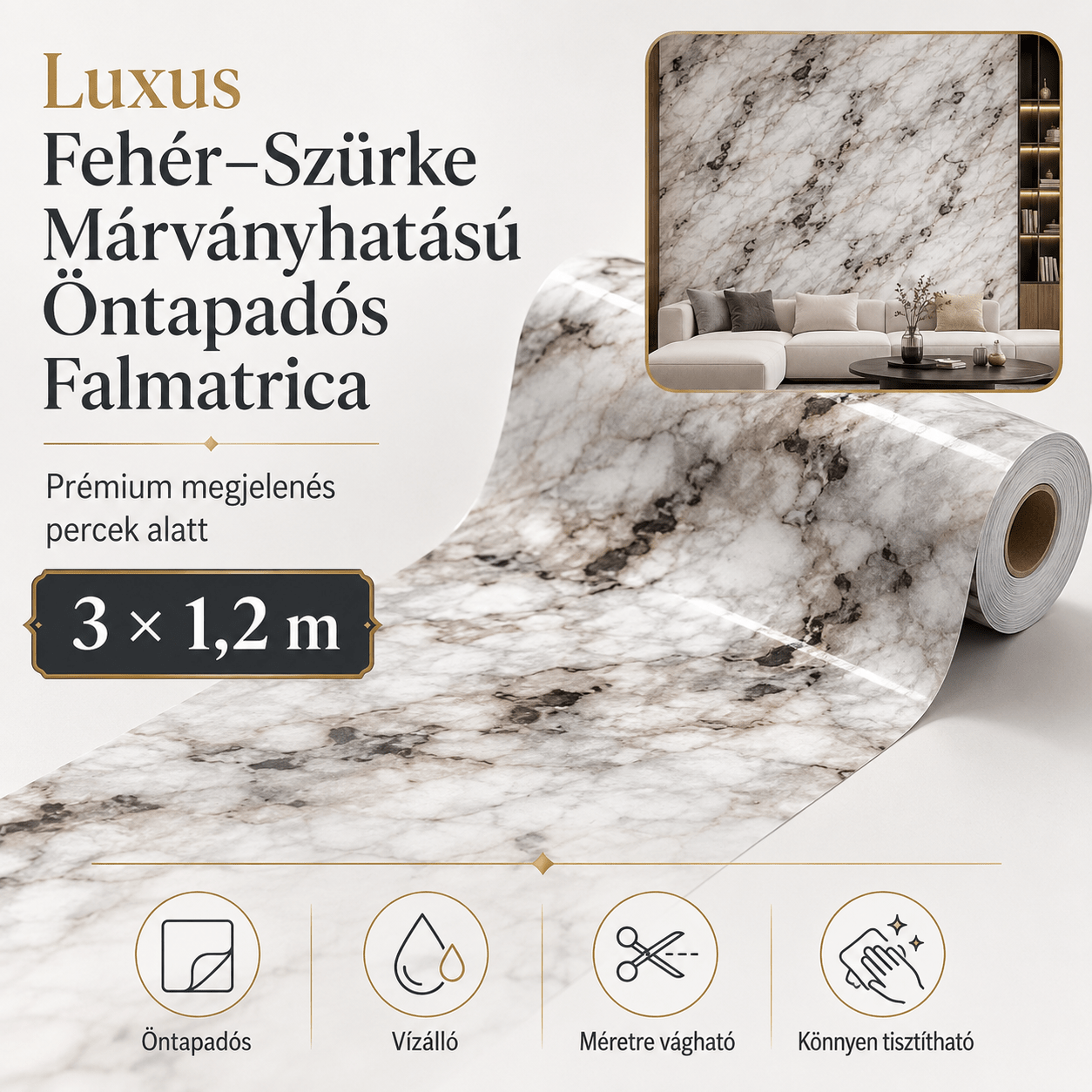 Szürke Márványhatású Öntapadós Falmatrica 3 × 1,2 m - | Cyber Bazaar